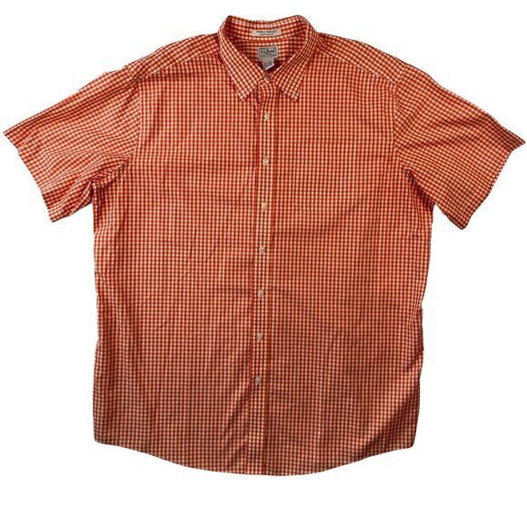 L.L. Bean Mens XXL Tall Orange/White Gingham Wrinkle-Resistant Short-Sleeve - Picture 1 of 7